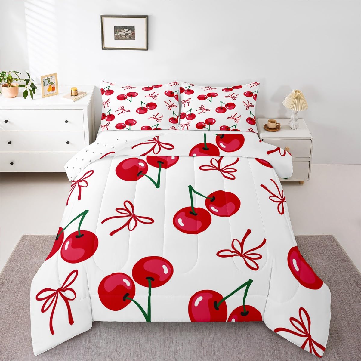 Manfei Cherry Bowknot Kids Comforter Set Twin Size,Geometric Patchwork Bow Tie Bedding Set,Girls Princess Room Decor,Tropical Fruit Butterfly Knot Down Comforter,Red Chic Duvet Insert,1 Pillowcase
