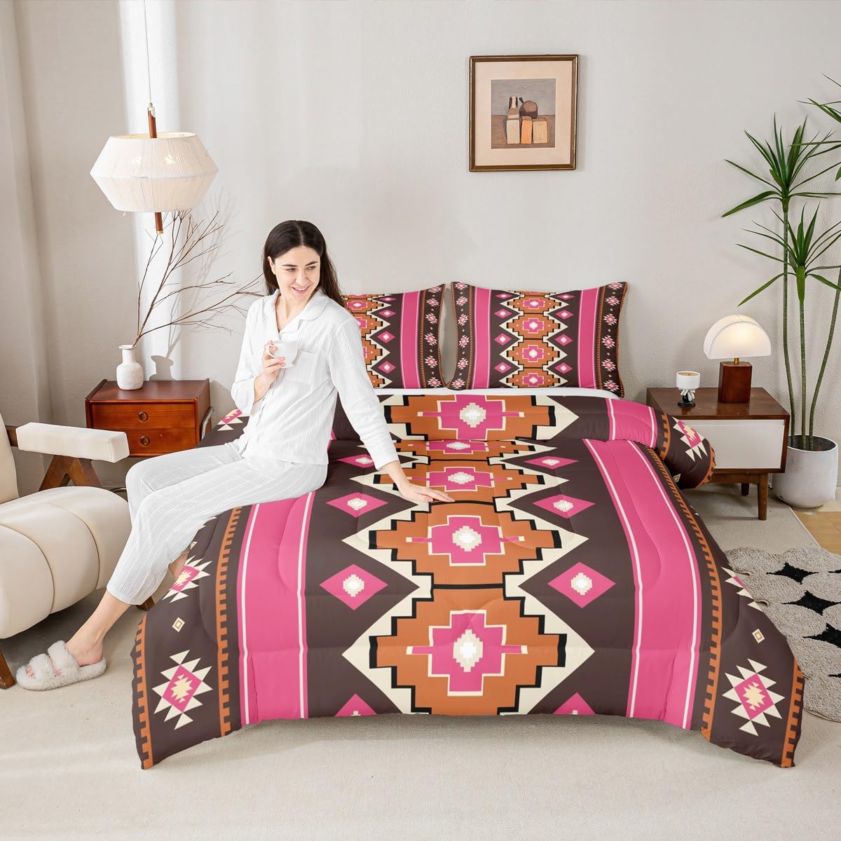 Feelyou Boho Aztec Comforter Set Twin Size West Bedding Set for Kids Boys Girls Pink Brown Duvet Quilt Western Bedroom Decor Microfiber 2 Pcs with 1 Pillow Cases
