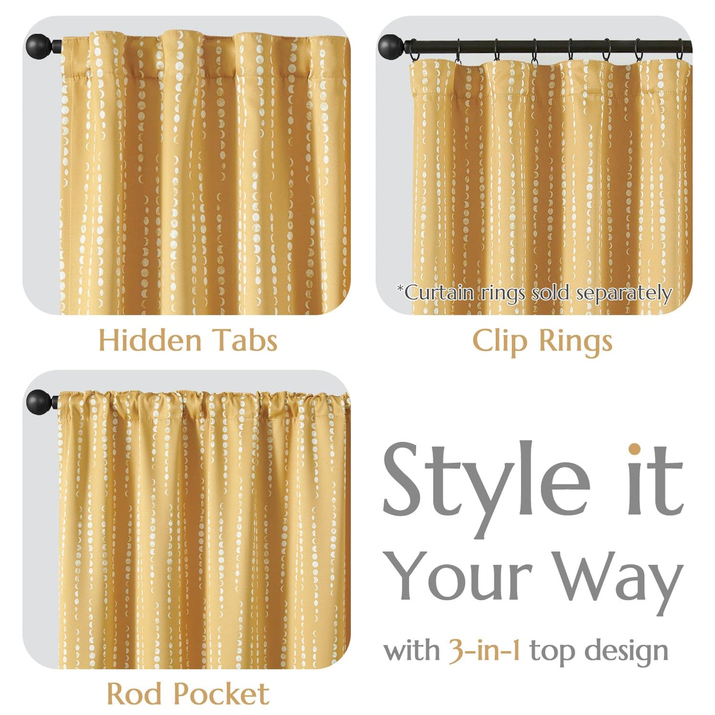 jinchan 95% Blackout Boho Curtains 84 Inches Long Mustard Moon Phases Printed Drapes Rod Pocket Thermal Insulated Curtains for Bedroom Nursery Yellow Window Drapes Curtain Set 2 Panels