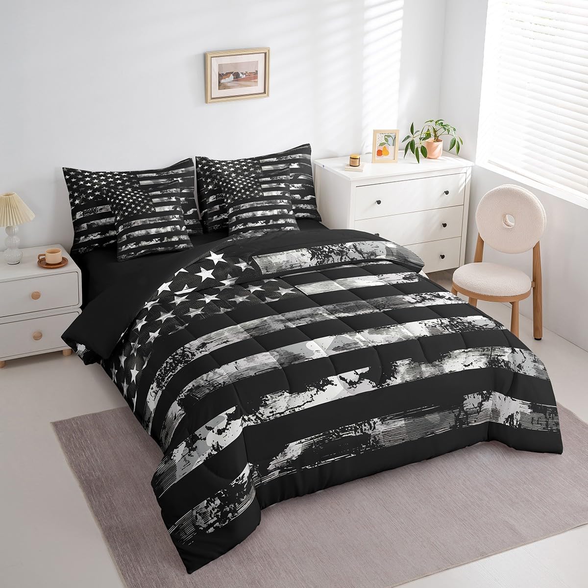 Erosebridal 7 Pcs Black Camo Comforter Set Twin Size,Camouflage American Flag Bed in a Bag with Flat Fitted Sheet for Kids and Adults,Retro USA Flag Bedding Set with Pillowcases and Cushion Cases