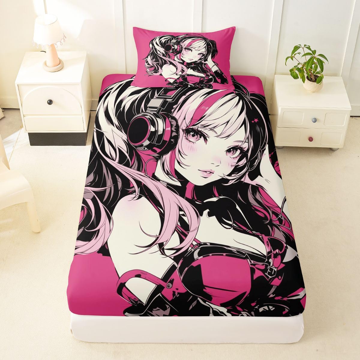 Erosebridal Pink Anime Girls Sheets Cartoon Japanes-Style Sheet Set Twin, Graffiti Street Culture Bed Sheets Set for Kids Teens Youth Watercolor Hippie Style Top Fitted Sheet 3Pcs