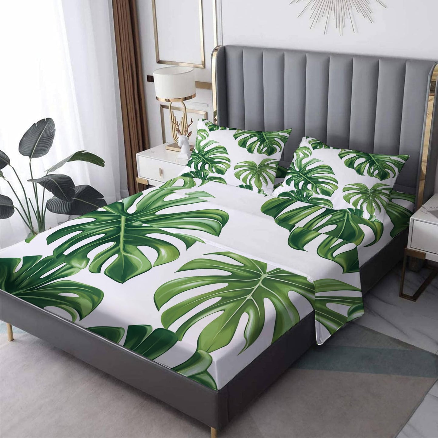NOGAWA Tropical Monstera Sheets Queen Size, Green Leaf Bed Sheets, Patterned Bedding Sheets & Pillowcases 4 Piece Set - Soft Microfiber Deep Pocket Fitted Sheet & Flat Sheet & 2 Pillow Cases
