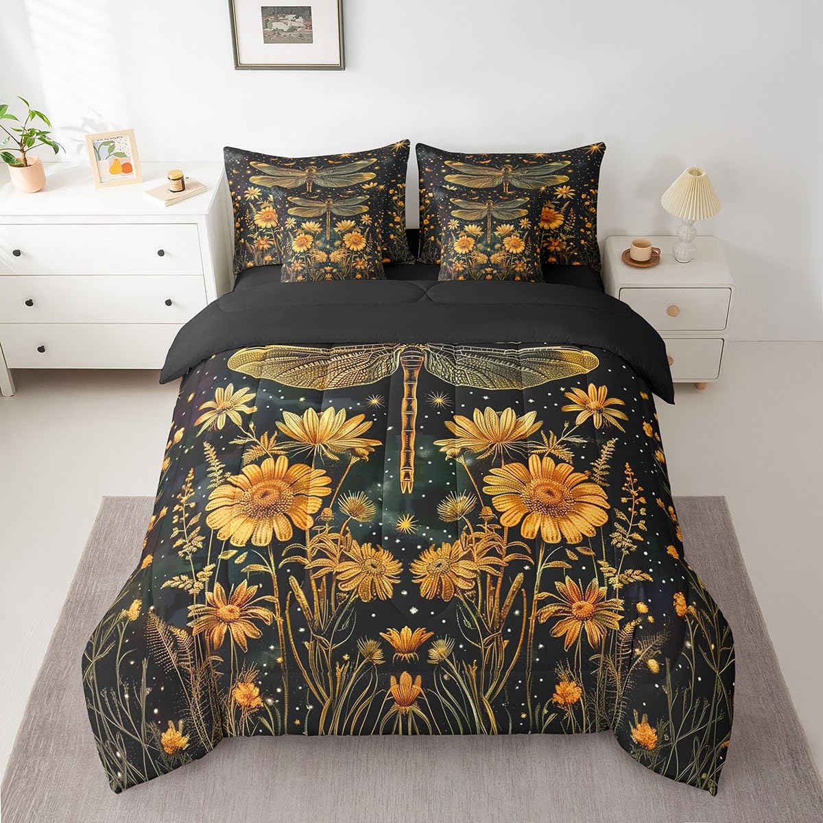 Erosebridal Wildflower Dragonfly Comforter Set Queen,Retro Groovy Daisy Floral Bedding Set 7Pcs for Kids Boys Girls,Bohemian Botanical Butterfly Bed in a Bag,Sparkle Starry Sky Quilt