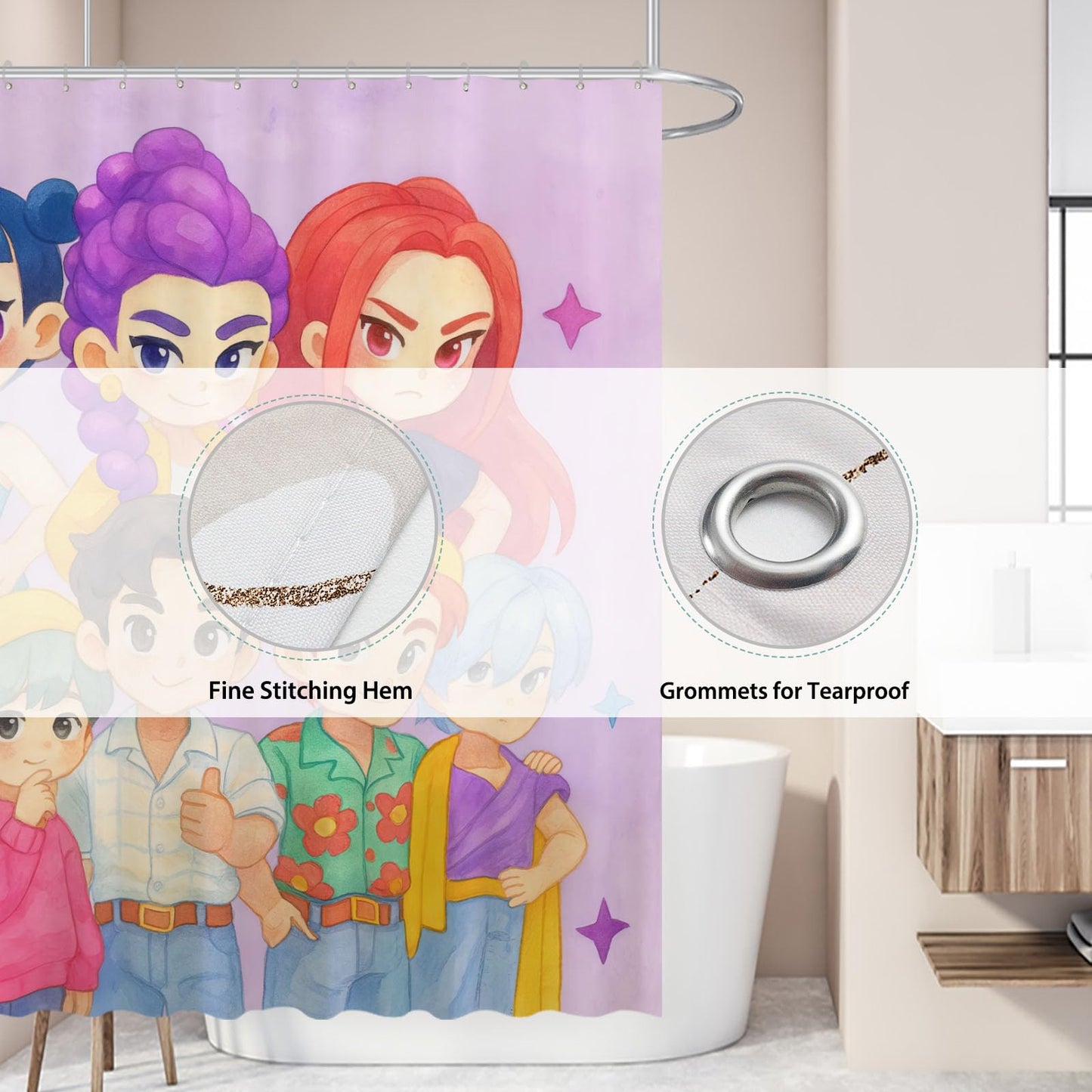 Funnytree Dreamy Purple Korean Hunter Music Shower Curtain 72"x72" - Waterproof Fabric Bathroom Decor for Girls,Teens,Women,Fans,Daughter, Durable Easy Care Washable (Hooks Not Included)