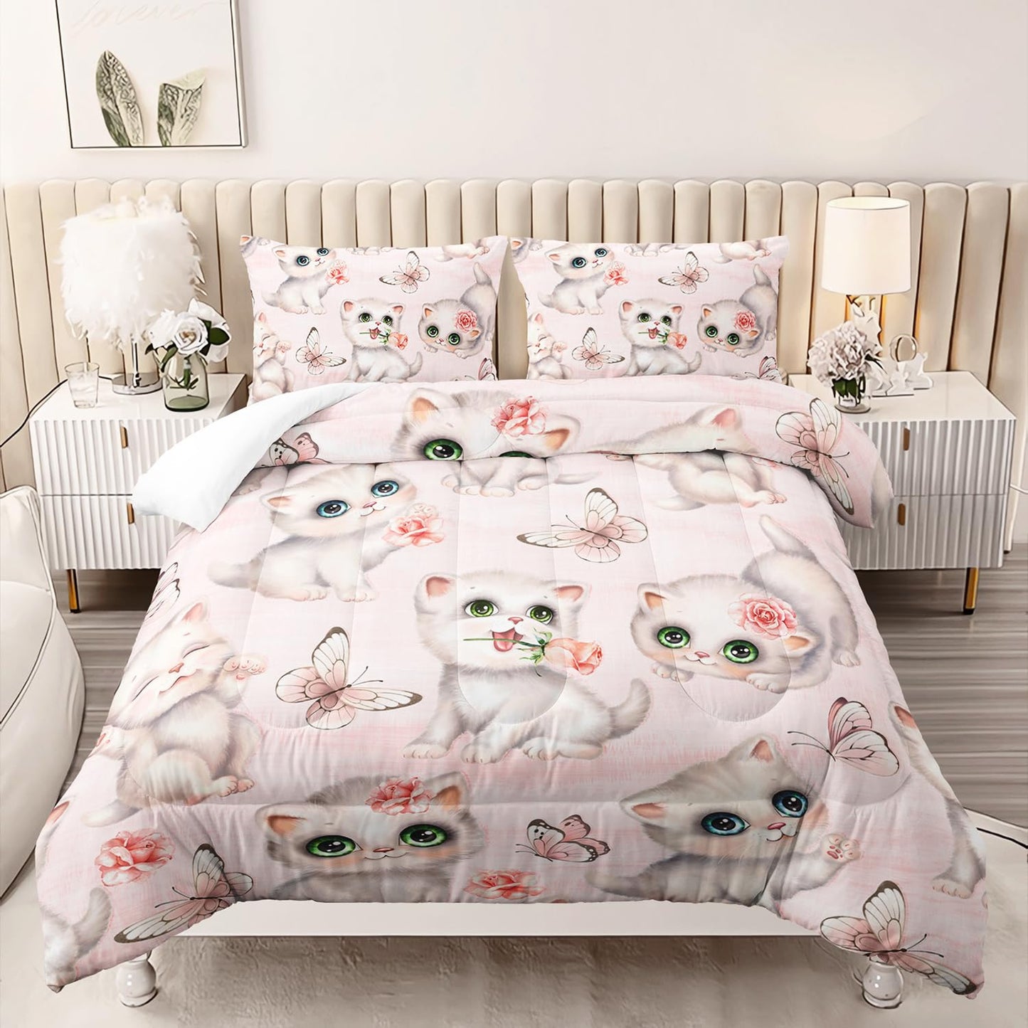 XYNHML Kids Bedding Full Cartoon Cat Comforter 3 Pieces Pink White Cat Butterflies Comforter Set for Teens Kids Boys Girls Adults Kawaii Flower Quilt with 1 Comforter and 2 Pillowcases