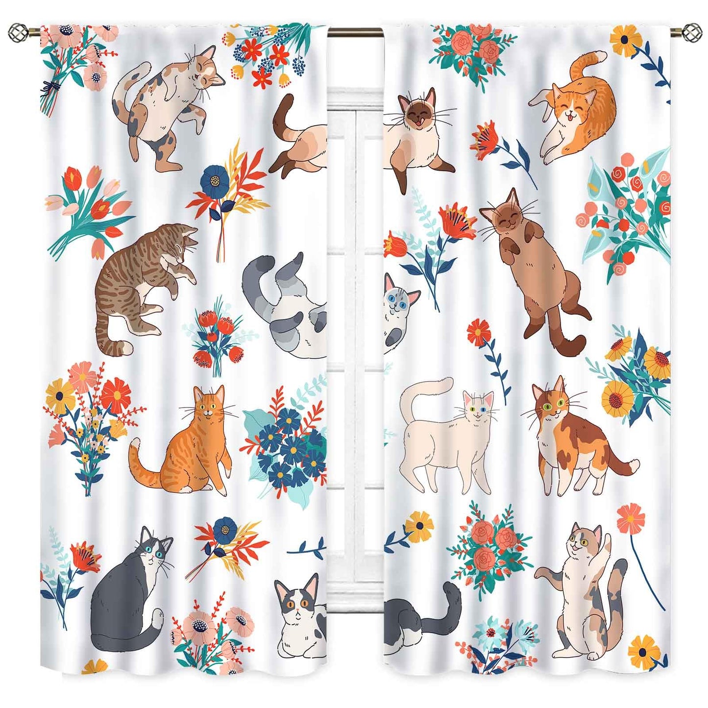 Cute Cat Curtains, Funny Kawaii Floral Kitten Watercolor Colorful Aesthetic Art Print Blackout Window Drape Treatments for Boys Kids Girls Cat Lovers Bedroom Living Room 2 Panels Set, 42"x45" Inch