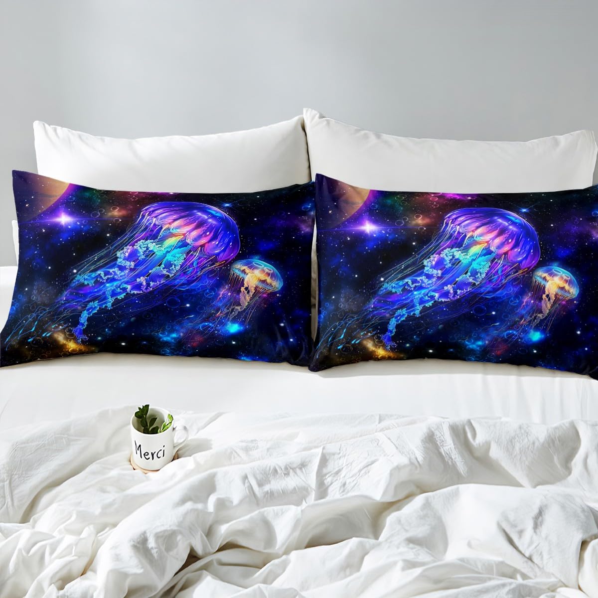 Castle Fairy Jellyfish Galaxy Bed Sheet Set Twin Size,Blue Nebula Spaceship Bedding Decor Set with 1 Flat&1 Fitted Sheet with 1 Pillow Shame,Universe Stars Planets Bedding Set for Kids Boys Xmas Gift