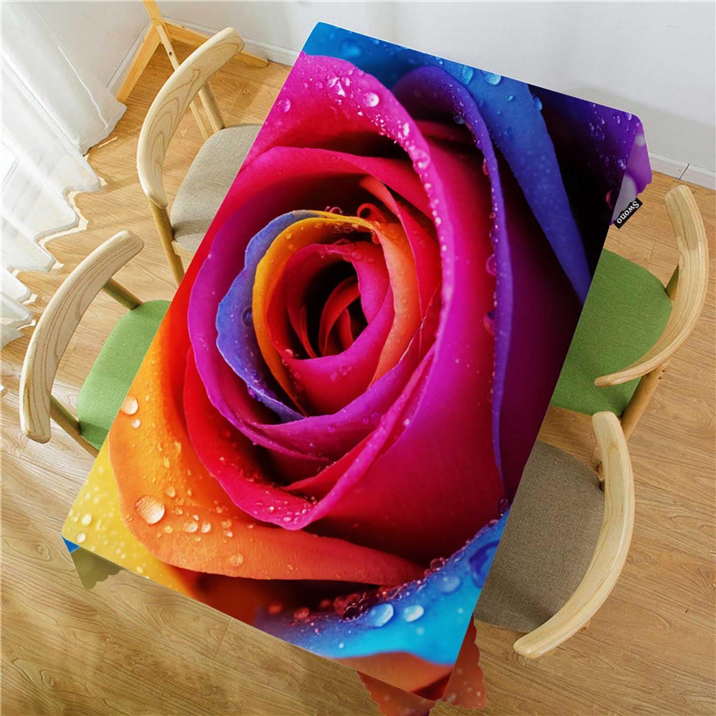 Swono Rose Table Cover Colorful Rose Flowers with Water Drops 50x72 Inch Table Cloth Kitchen Dinning Tablecloth for Rectangle Tables Buffet Parties Coffee BBQ Weddings