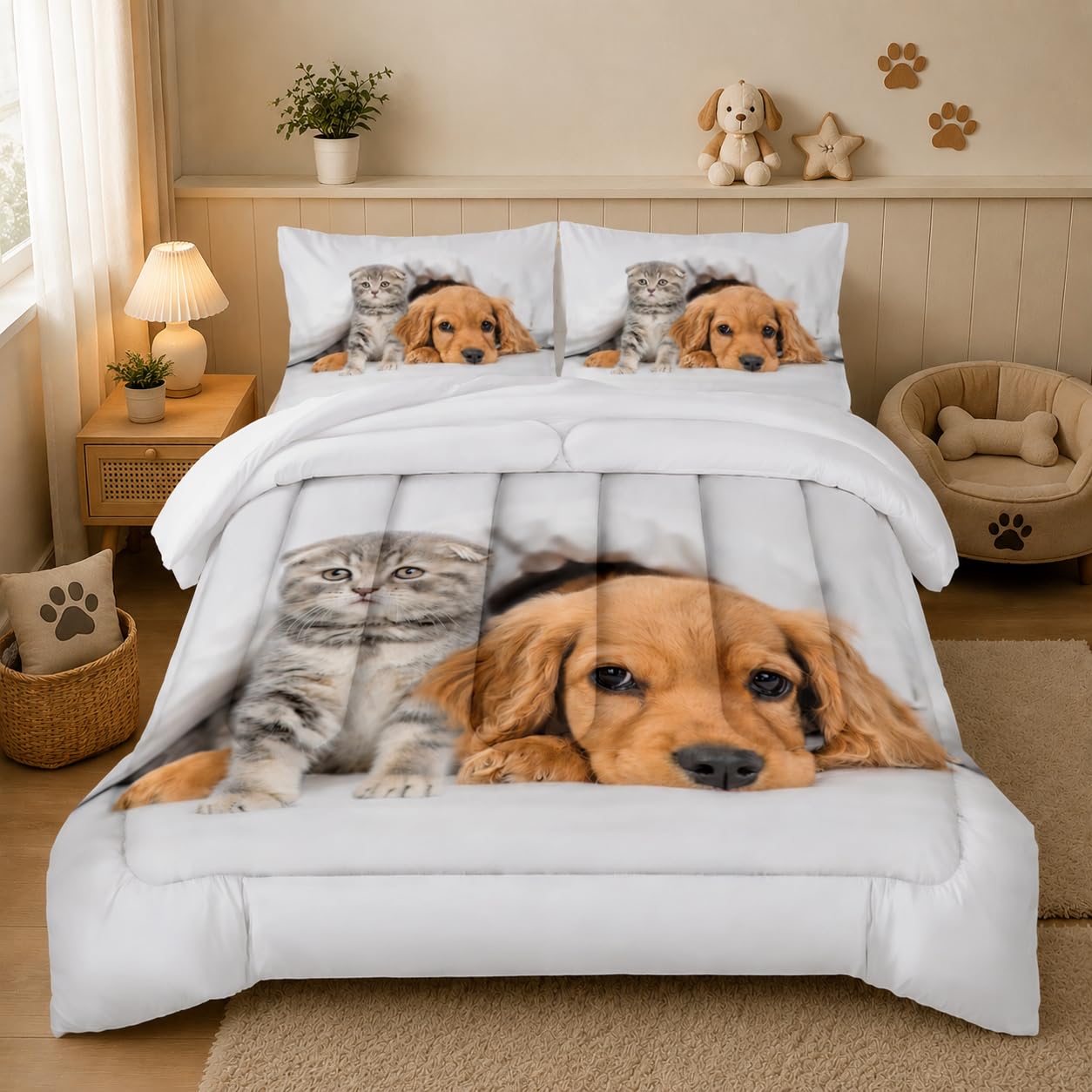 Nttopship Kids Cute 3D Dog Comforter Set 3 Piece Cat and Golden Retriever Bedding Set Twin Size for Kids Cute Pet Bedding Bed in A Bag Bed,Pet Room Decor Comforter with 2 Pillowcases