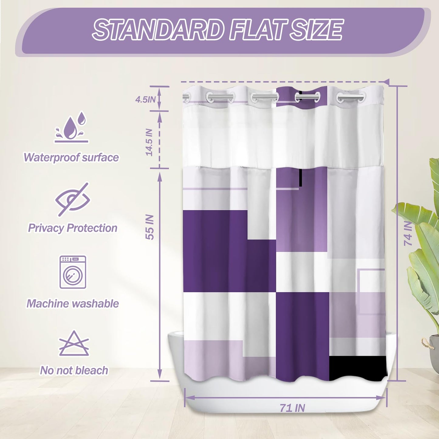 Purple Hookless Shower Curtain Set with Snap in Liner, Purple White Bathroom Decor, 71x74 Inches, Geometric Bathroom Curtain with Liner and See Through Top Window