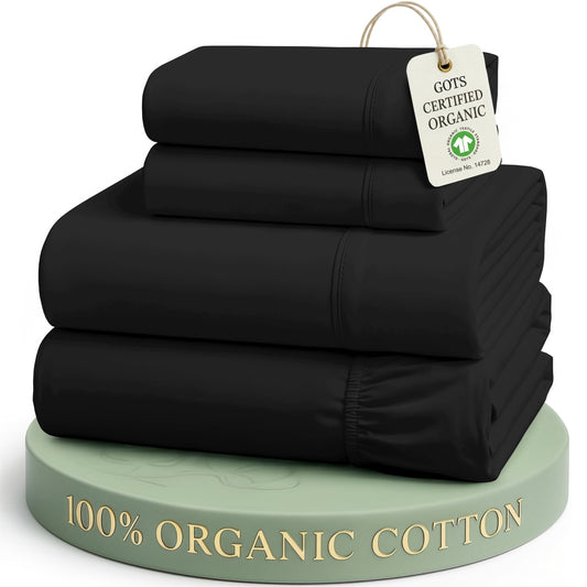 LANE LINEN Queen Sheets Cotton 100% Organic Cotton GOTS Certified Percale Weave Deep Pocket 4 Piece Soft Breathable Cooling Lightweight All Season Machine Washable Crisp - Black