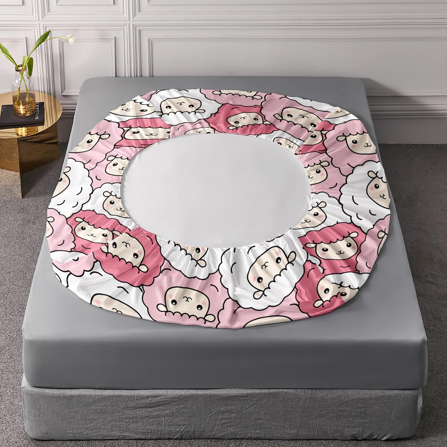 AILONEN Sheep Fitted Sheet Set Twin Size, Cute Sheep Cartoon Animal Bed Sheet Set,Pink White Kawaii Girls Sheet Set 3 Pieces, 1 Fitted Sheet and 2 Pillowcases