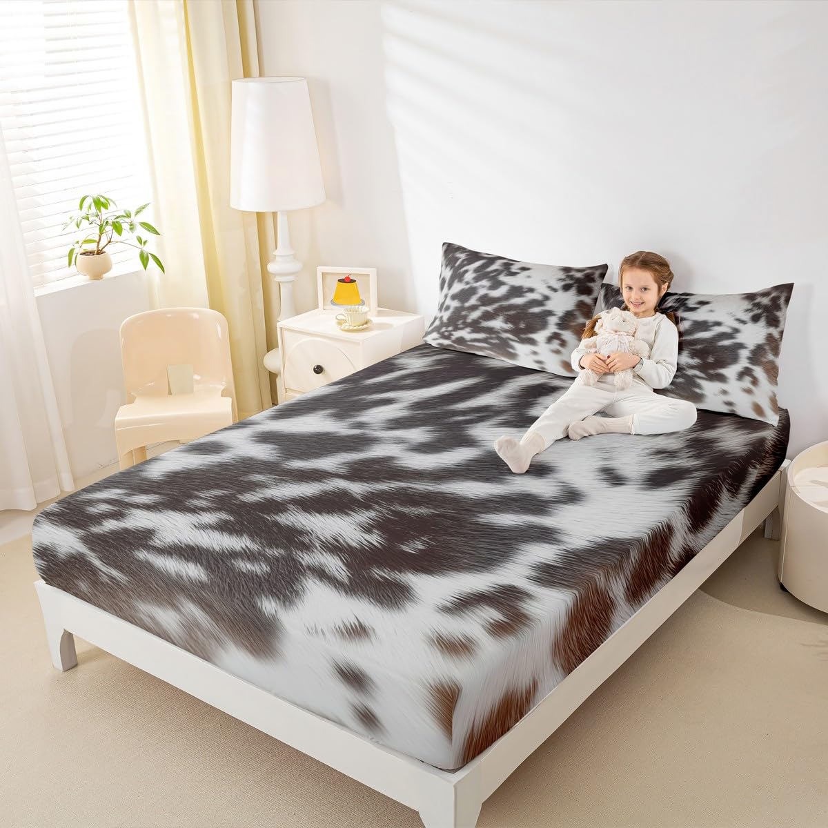 Brown Cowhide Bedding,Aztec Black White Aztec Cow Print Bed Sheet Set King,Western Farm Animal Bed Sheets for Kids Boys Girls Men Women,Rustic Cowboy Cow Fur Fitted Sheet & Flat Sheet 4 Pcs