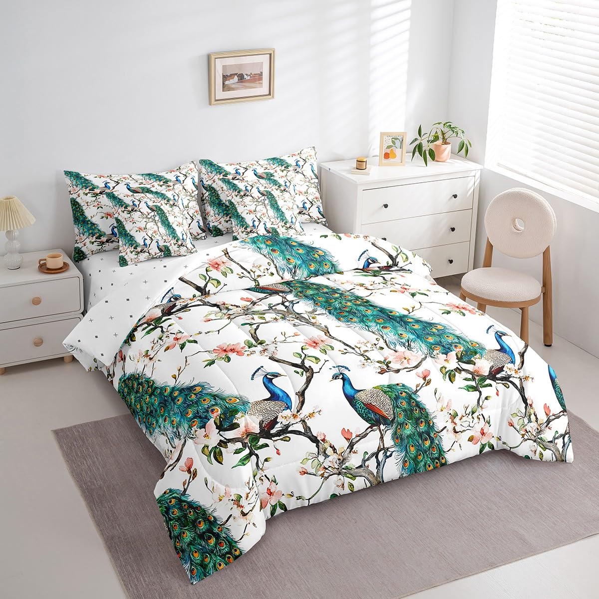 jejeloiu Peacock Comforter Set 7 Pieces Full Size Kids Cherry Flower Bed in a Bag for Boys Girls Royal Peacock Bird Bedding Set Green,Comforter + Sheets + Pillowcases + Cushion Covers