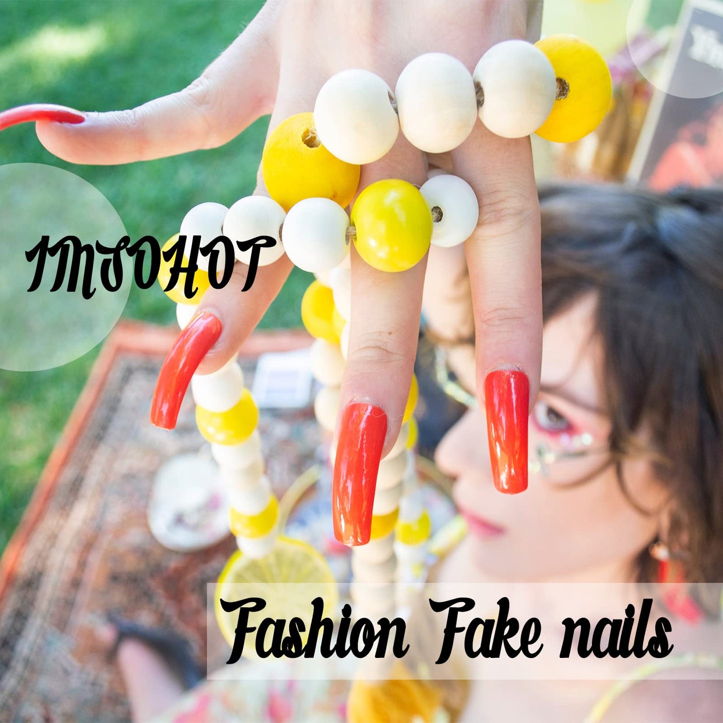 IMSOHOT Almond Press on Nails Medium Brown Fake Nails with Vintage Golden Charms Designs Glossy Glue on Nails Full Cover Gel Acrylic Stiletto Fall False Nails for Women 24Pcs