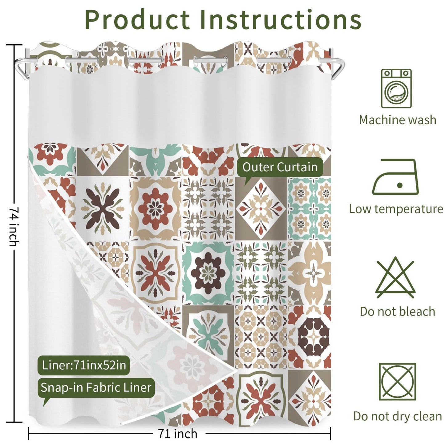 NAEMBCU No Hook Shower Curtain with Snap in Liner Set FYLX00223