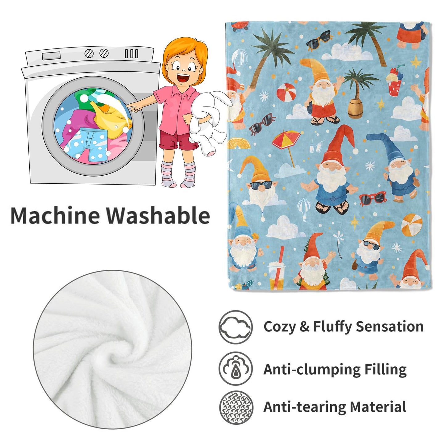 VODRM Beach Summer Gnome Blanket Cheerful Gnomes with Palm Trees Throw Blankets, for Kids,Lightweight Soft Fleece Cozy for Sofa Couch Bed Room Travel Decor 50x60in