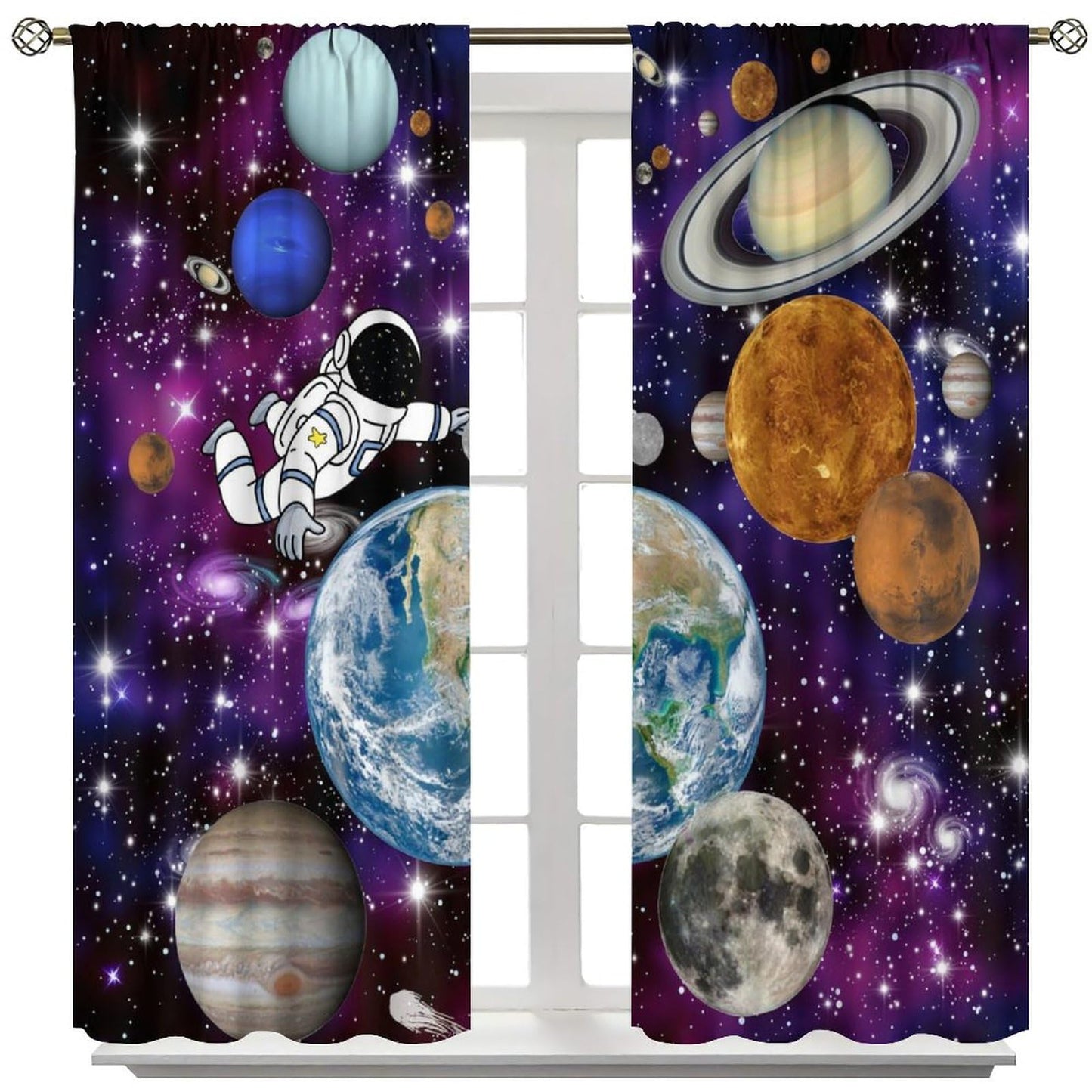 AAVEUP Astronaut Galaxy Blackout Curtains,Cartoon Solar System Universe Outer Space Planet Astronaut Earth Windows Treatments Rod Pocket Drapes for Kids Boys Teenage Living Room Bedroom 63x72inch