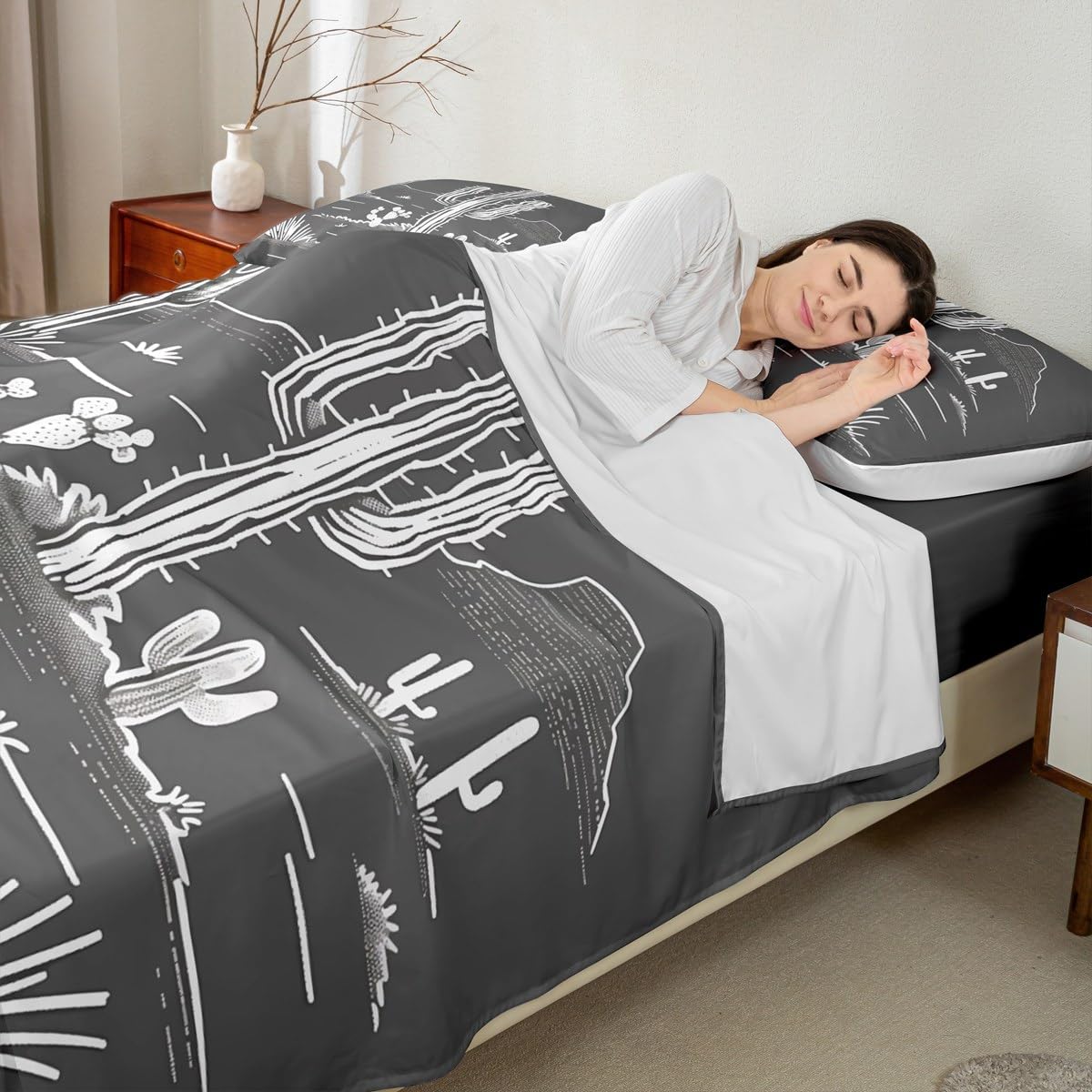 jejeloiu Western Bed Sheets Set Queen Size Desert Cactus Bed Set Gray Deep Pocket Fitted Sheet Vintage Southwest Breathable Soft Lightweight Microfiber