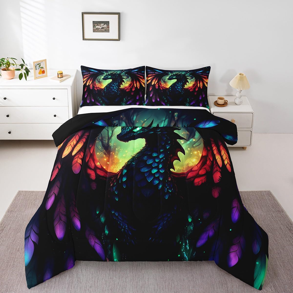 jejeloiu Western Dragon Comforter Set Dragon Scales Bedding Set Full Size for Kids Boys Girls Teens Black Reptile Skin 3D Duvet Set with 2 Pillow Case Wild Animals Comforter