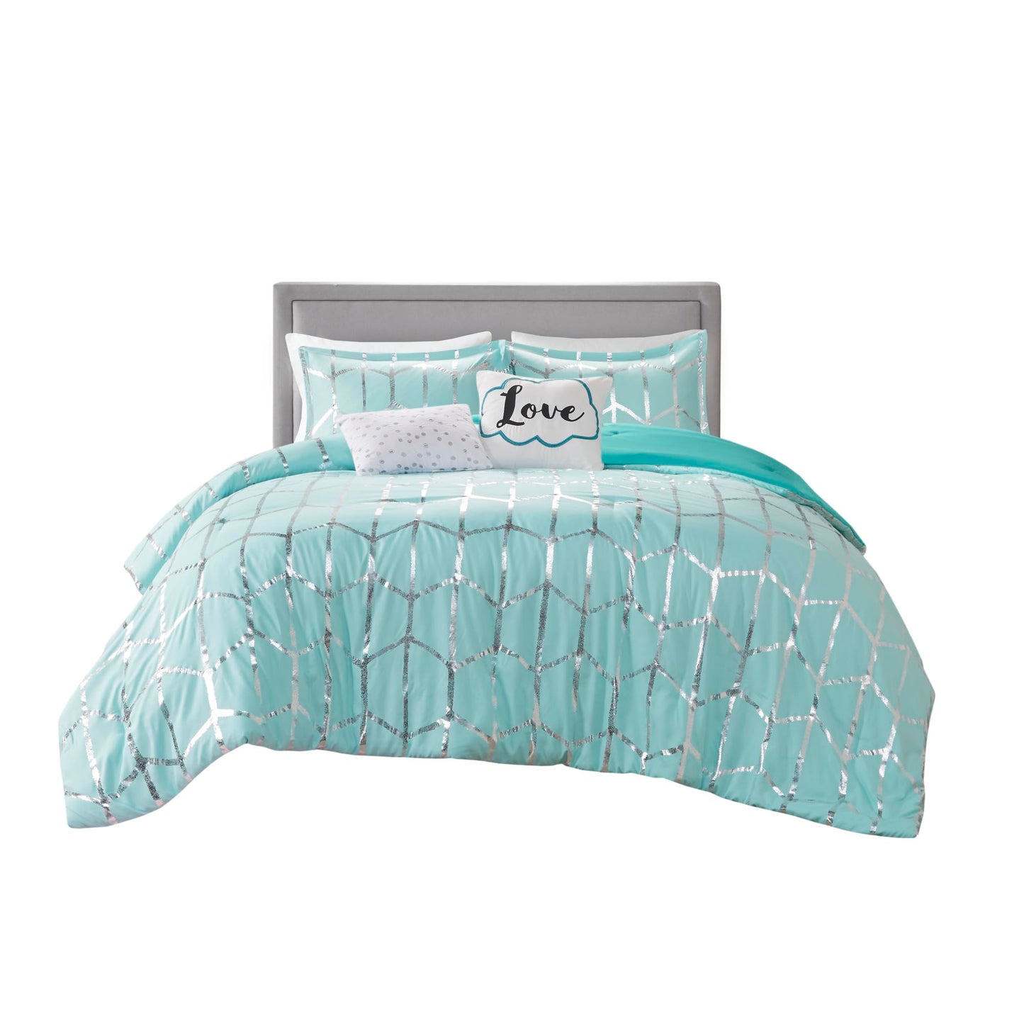 Intelligent Design Raina Full/Queen Comforter Set, Soft Microfiber, Modern Geometric Metallic Bed Set, 5 Pieces College Bedding with 2 Shams, 2 Toss Pillows Aqua/Silver