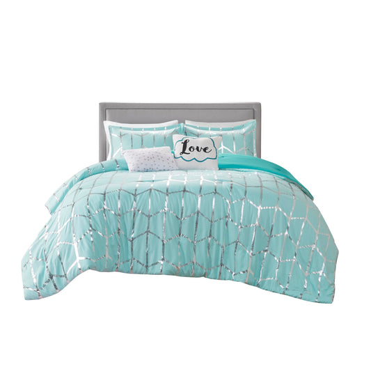 Intelligent Design Raina Full/Queen Comforter Set, Soft Microfiber, Modern Geometric Metallic Bed Set, 5 Pieces College Bedding with 2 Shams, 2 Toss Pillows Aqua/Silver