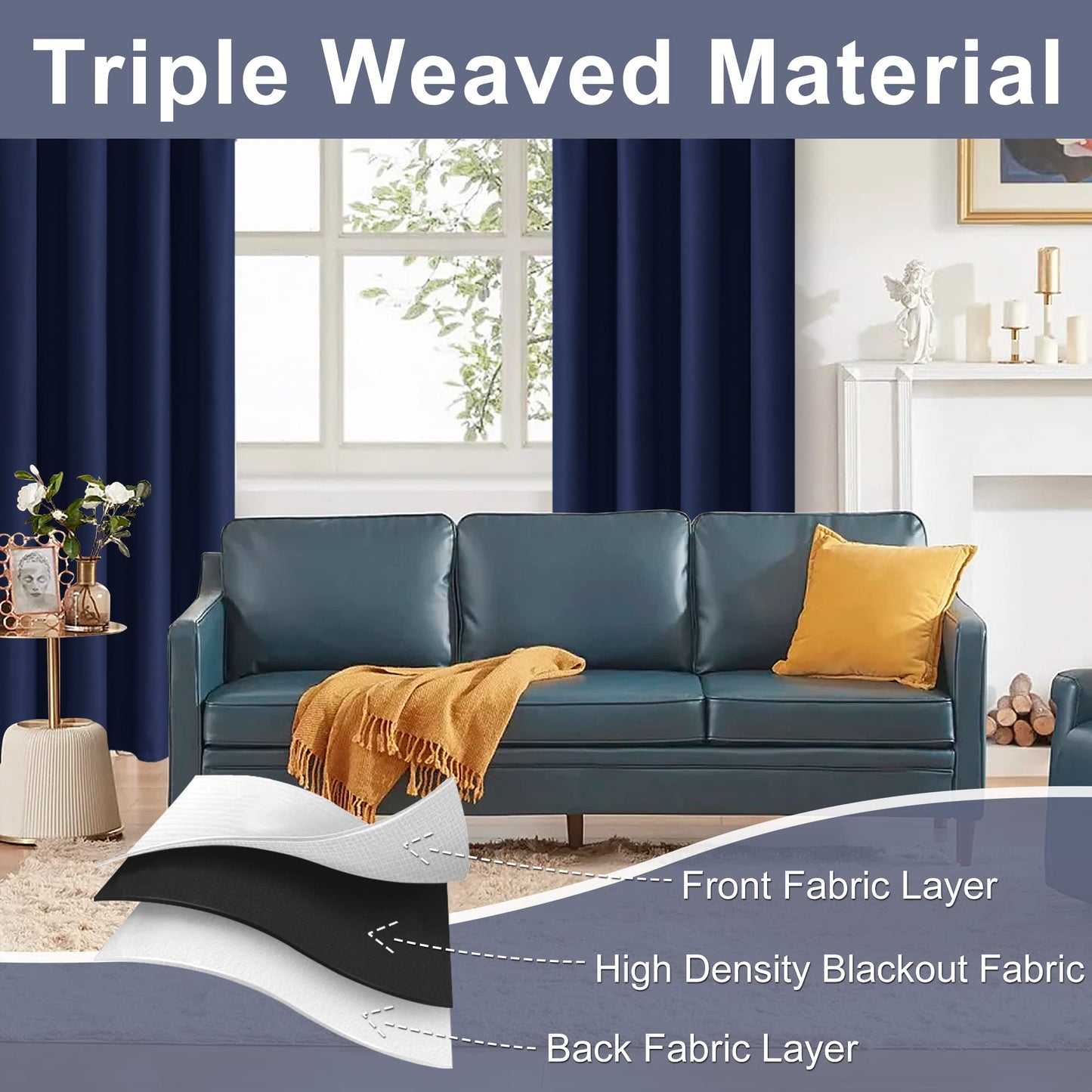 JIUZHEN Blackout Curtains for Bedroom– Thermal Insulated,Noise Reducing Room Darkening Drapes for Living Room, Rod Pocket Curtains with Tiebacks, Set of 2 Panels, 42 x 63 Inch Length, Navy Blue