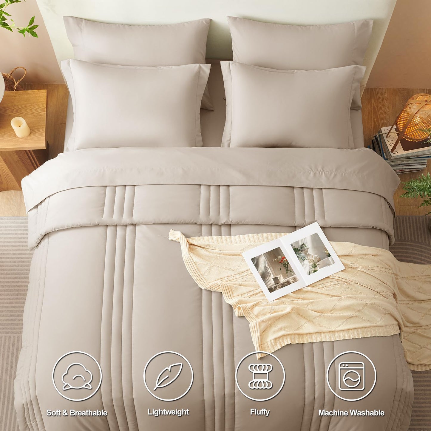 CozyLux King Size Comforter Set Wheat - 7 Pieces Bed in a Bag, Modern Vertical Quilted Room Decor, Soft All-Season Bedding Gift with Comforter, Sheets, Pillowcases & Shams