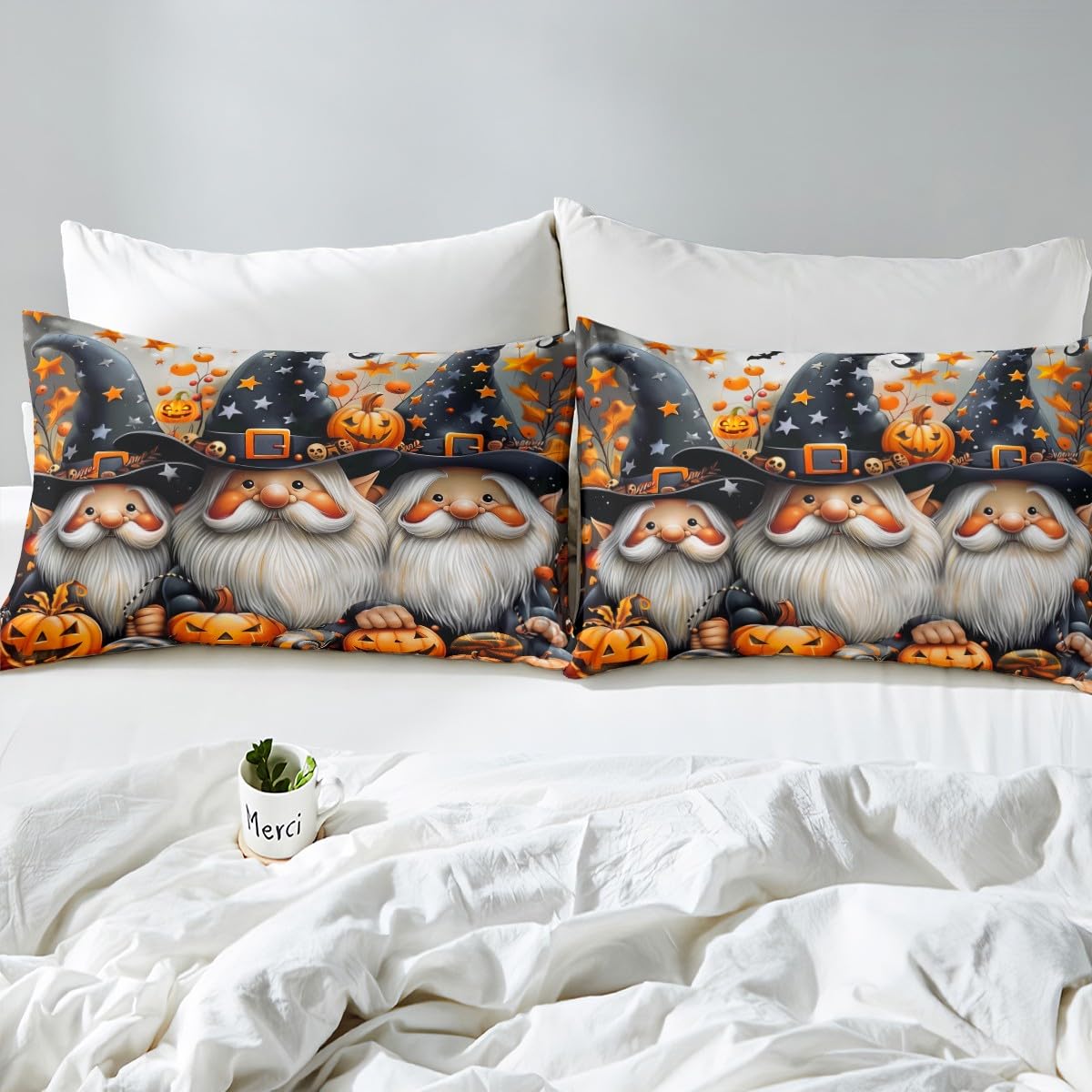 Halloween Gnome Fitted Sheet 3 Pcs,3D Watercolor Pumpinks Candy Soft Microfiber Sheets Breathable Bedding,Cute Witch Hat with Stars Pattern Bedsheet with Deep Pocket