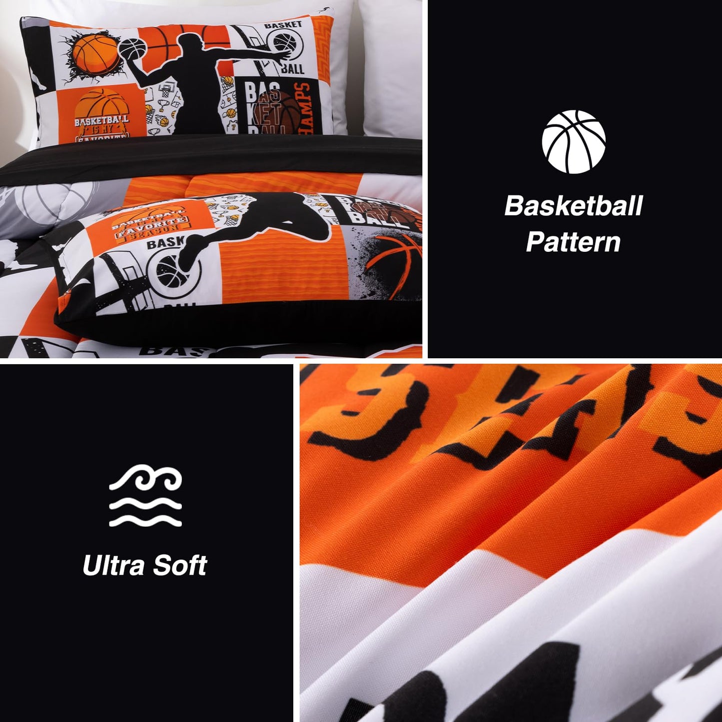 A Nice Night Sports Geometric Grid Baseketabll Patchwork Baskeball Printed for Boys Twin 6Pcs Bed in A Bag Comforter Bedding Set, Orange