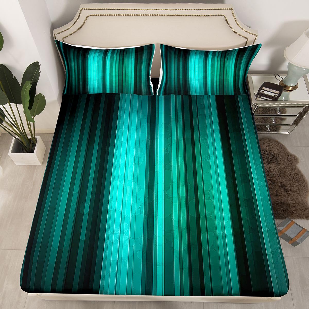 jejeloiu Modern Striped Bed Sheets Set Full Size Geometric Bed Set Black Teal Deep Pocket Fitted Sheet Gradien Breathable Soft Lightweight Microfiber