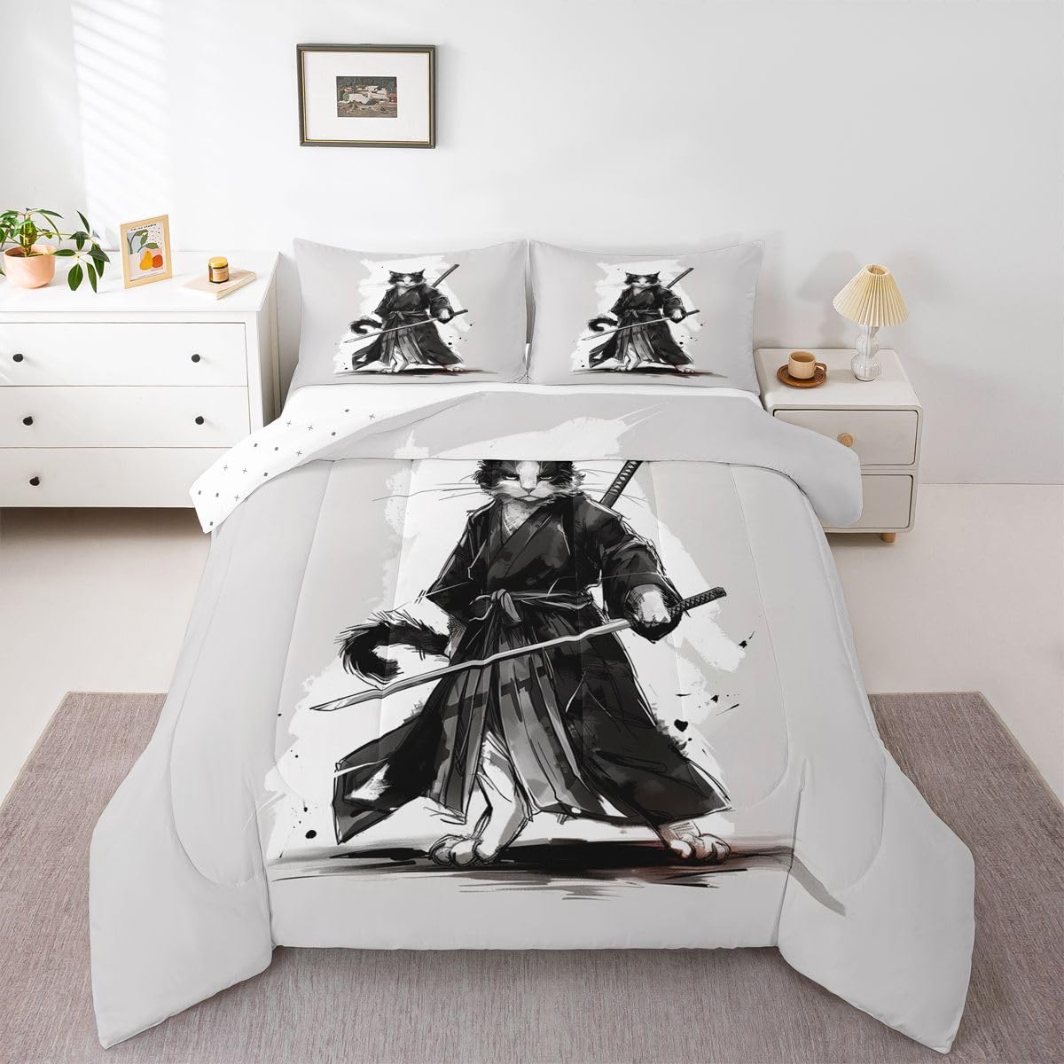 jejeloiu Samurai Comforter Set All Season Japanese Ukiyoe Bedding Set with 2 Pillow Cases Cat Microfiber Kids Queen Bedclothes Animal Bedroom Decor Duvet Quilt Breathable Soft Lightweight