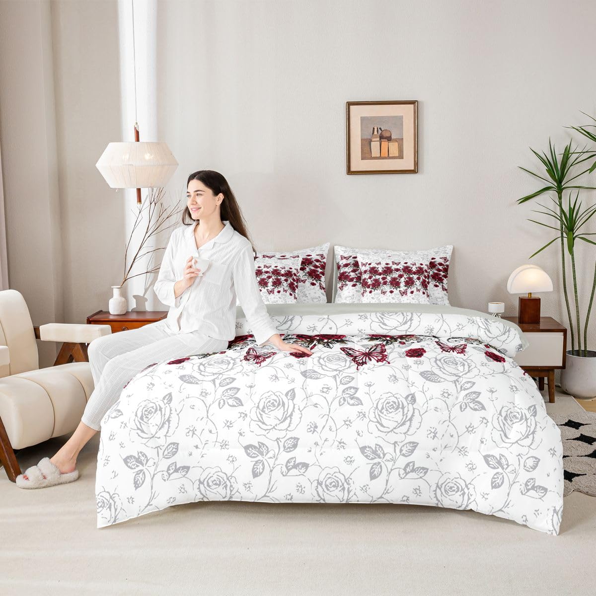 Feelyou Red Rose 7 Piece Bedding Set Floral Flower Comforter Set with Sheets for Kids Boys Girls Jacquard Damask Bed in a Bag Butterfly Print Bed Set Soft Lightweight
