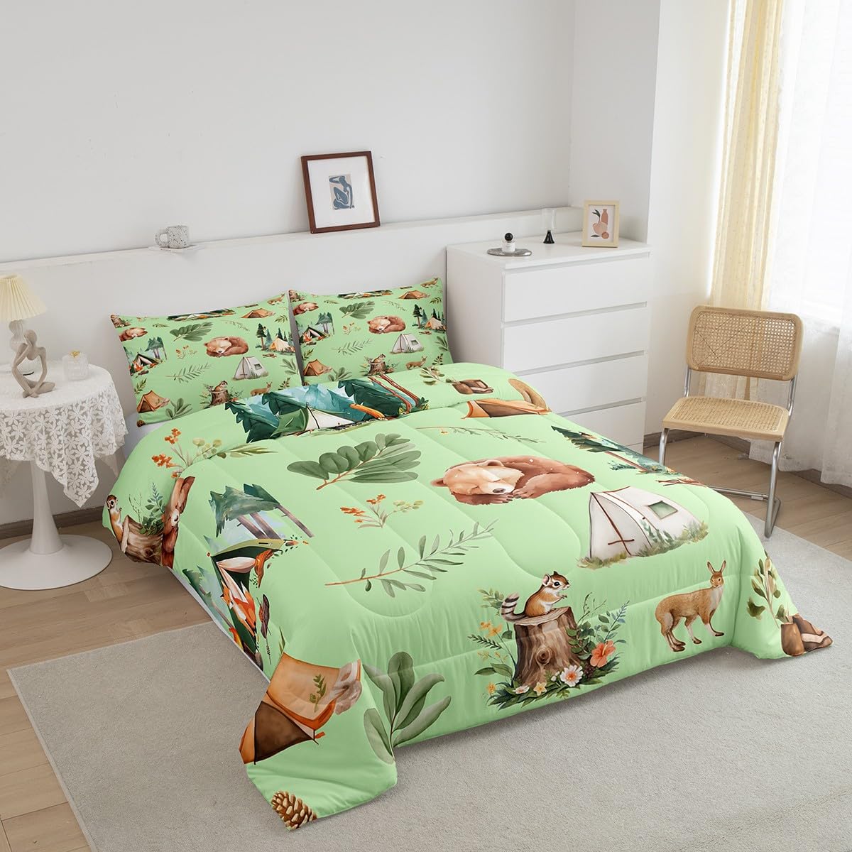 Camper Tent Comforter Set Queen Size Camping and Hunting Adventure Bedding Set,Bear Deer Squirrel Pine Tree Print Quilt Set Girls Boys Adults Room Decor,Wild Animals Plants Duvet Insert,2 Pillowcases