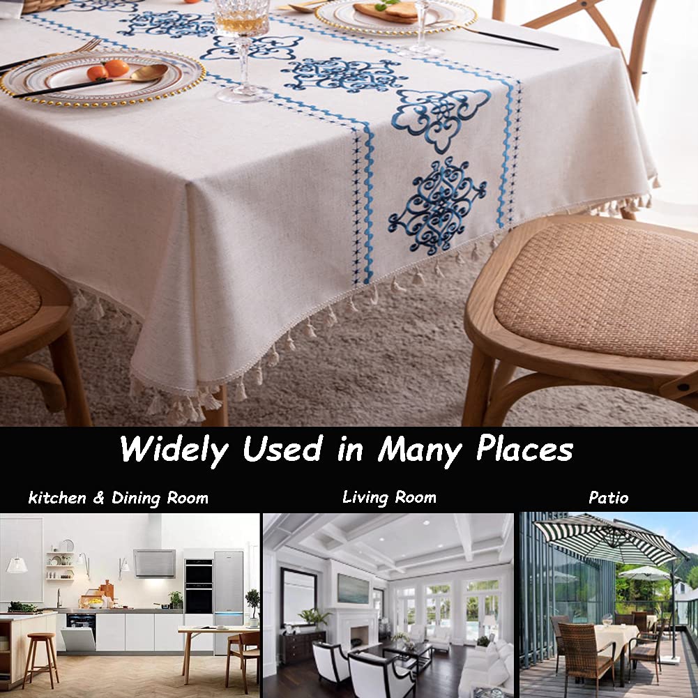 AMZALI Table Cloth Embroidery Damask Pattern Wrinkle Free Heavy Weight Cotton Linen Farmhouse Tablecloth Decorative Fabric Tassel Table Cover for Outdoor and Indoor Use (Rectangle,55 x 102 Inch)