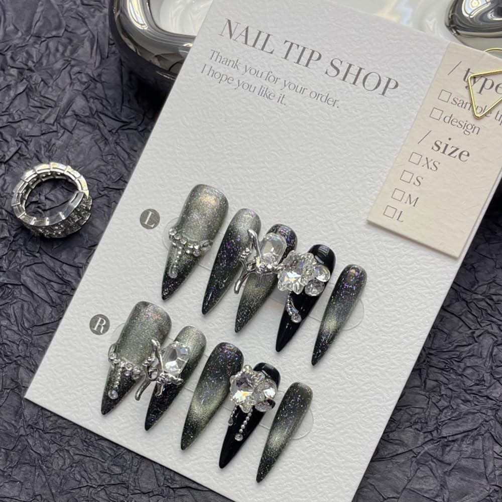 JIEADJIE Press On Nails (100% Handmade),Length Version,Handmade Painted Nail Art by Nail Technician,Luxury Party and Holiday Styles (Black Flash Silver, Small)