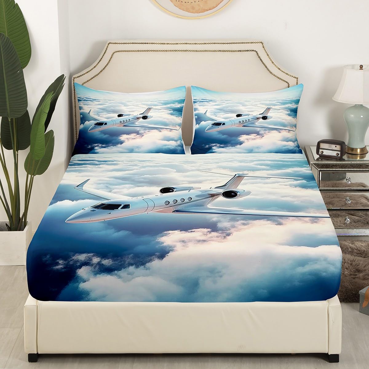 Feelyou Kids Aircraft Bed Sheet Set Full Size,3D Airplane Fitted Sheet Boys Girls Fighter Plane Bedding Set Sky Planes Teens Bed Cover Bedroom Decor (2 Pillow Cases and a Fitted Sheet)