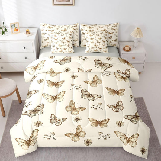 Erosebridal Brown Butterfly Print 7 Piece Bedding Set Twin Botanical Sketch Motif Comforter Set with Sheets Vintage Beautiful Floral Bed in a Bag Retro Aesthetic Bed Sets Comforter