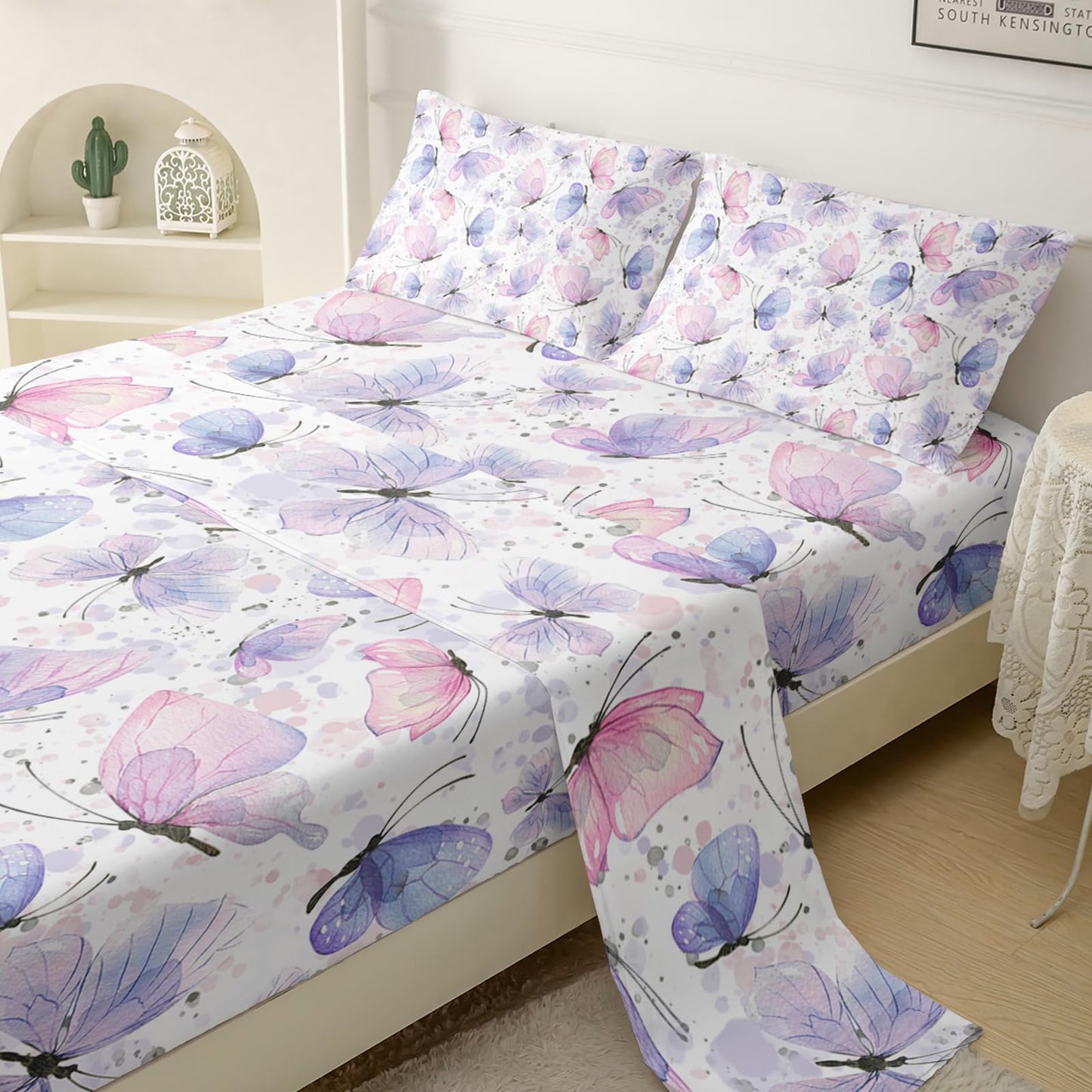 QOOMO Butterfly Bedding for Boys and Girls Pink Silky Soft Microfiber Bed Sheets Cute Butterfly Flat Fitted Sheets Set for Children Twin Size 1 Fitted Sheet, 1 Flat Sheet, 2 Pillow Cases
