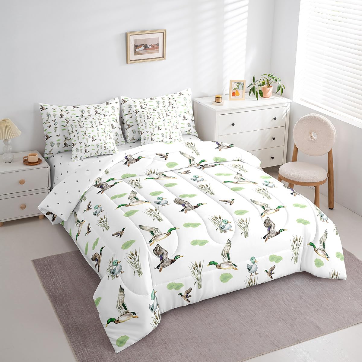 Erosebridal Mallard Duck 7 Piece Comforter Set Twin Bed in A Bag Woodland Wild Duck Bedding Set for Kids Boys Girls Waterfowl Flying Ducks Sheet Set Rustic Farmhouse Comforter Hunting Wildlife Theme