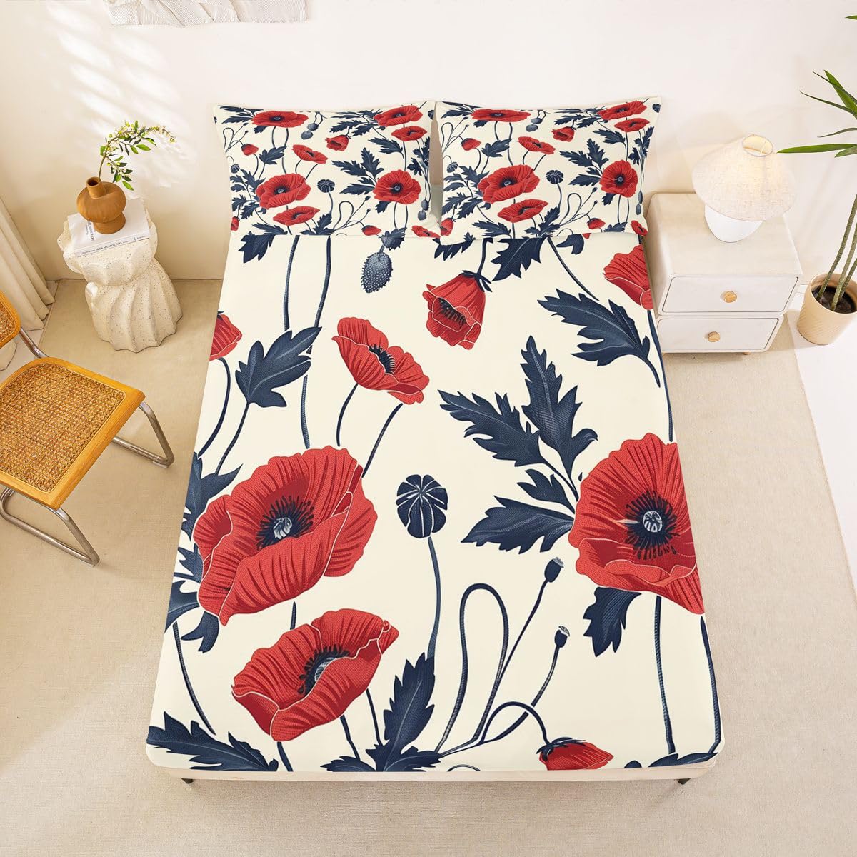 Feelyou Flower Bed Sheets Sets Queen Size Kids Boys Girls Red Floral Bedding Set Botanical Bed Sheet Set with 16-Inch Deep Pockets Spring Garden 4Pcs with 2 Pillow Cases Floral Flower Blossom Printed