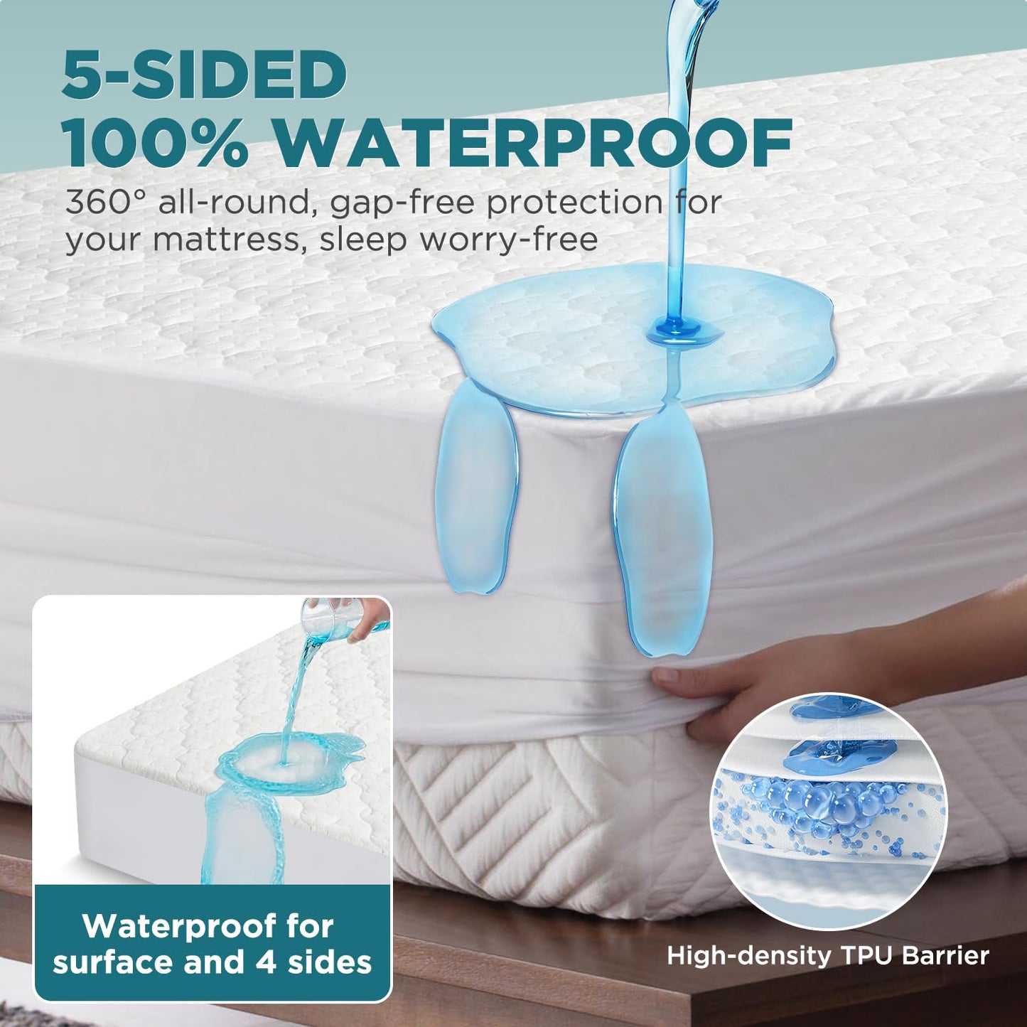 5 Sided Waterproof Mattress Protector, Queen Size Quilted Bamboo Rayon Mattress Cover, Breathable Cooling Noiseless Bed Fitted Sheets, Soft Bedding Pad with Deep Pocket Up to 18"