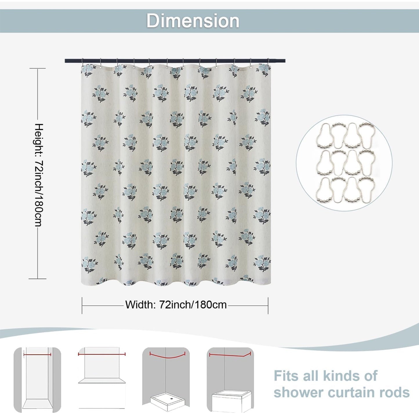 ORTIGIA Linen Blue Shower Curtains for Bathroom Boho Farmhouse Block Print Shower Curtain Set with Metal Hooks Floral Waterproof Aesthetic Rustic Fabric Bath Curtain for Home, Weighted, 72x72