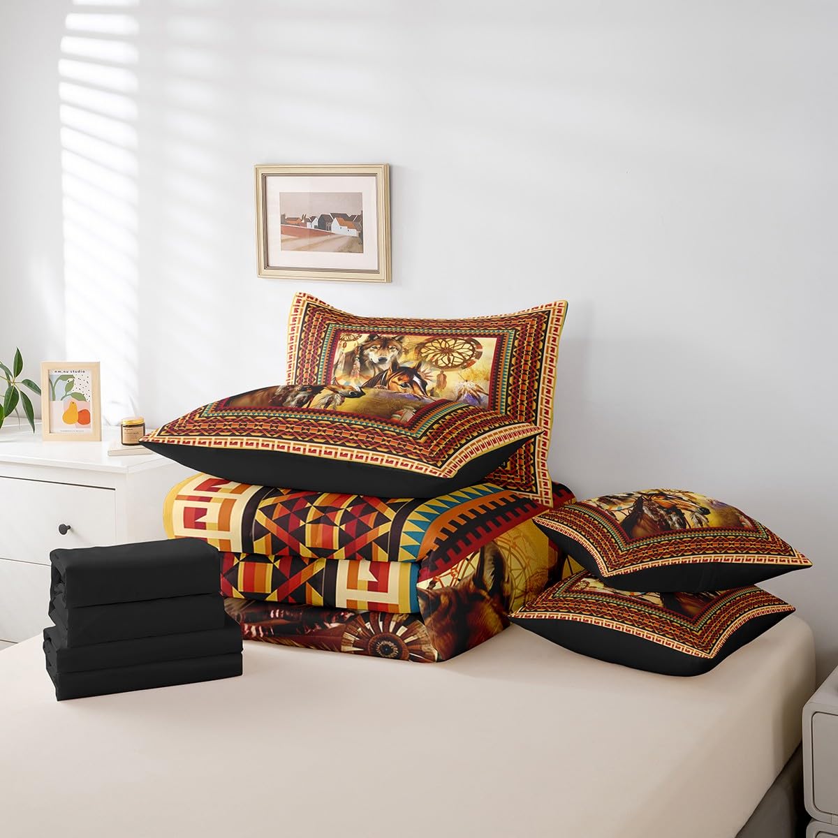Erosebridal 7 Piece Brown Horse Bed in a Bag Twin Boho Exotic Aztec Sheet Set for Boys Girls Rustic Farmhouse Bedding Comforter Bohemian 3D Wild Animal Dreamcatcher Decor Cushion Covers
