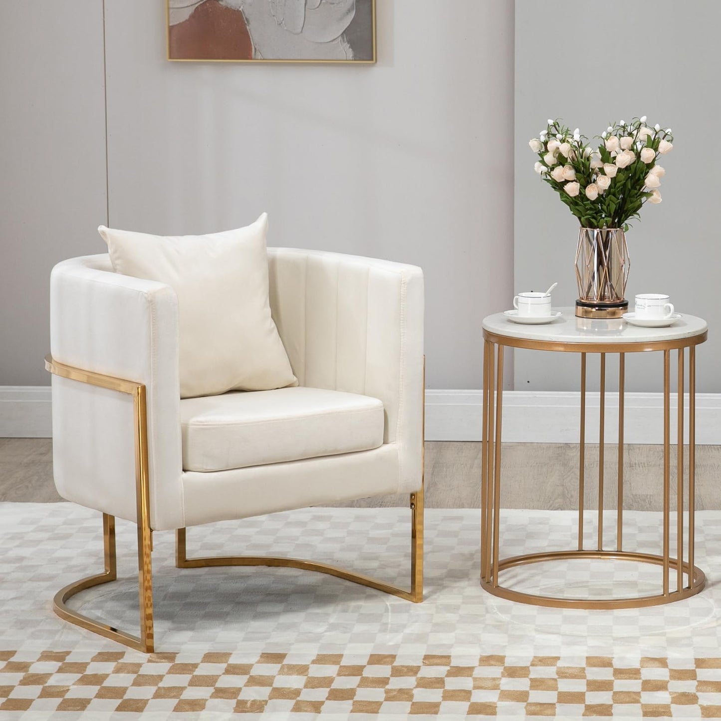 Newnno Velvet Accent Chairs Set of 2, Mid Century Modern Upholstered Barrel Armchair with Pillow for Living Room, Comfy Single Club Chair with Metal Gold Legs for Bedroom, White