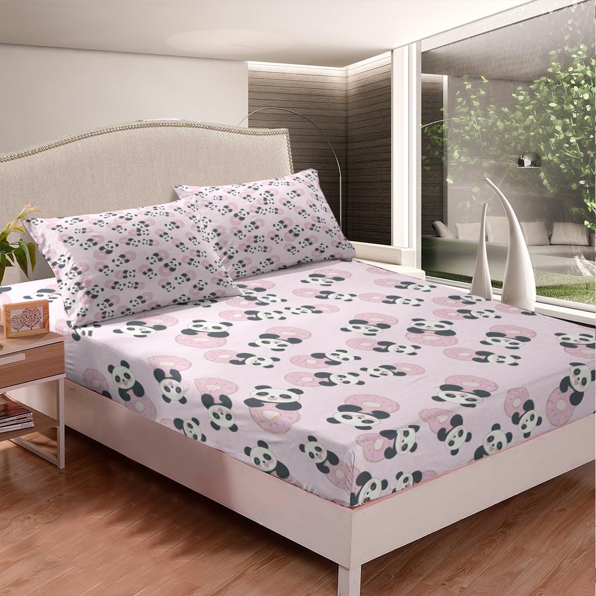 Donuts Fitted Sheet Panda Bedding Set for Kids Boys Girls Teens Decor Cute Panda Bear Printed Bed Sheet Set Whimsical Dessert Print Bed Cover No Flat Sheet 2Pcs Twin Size