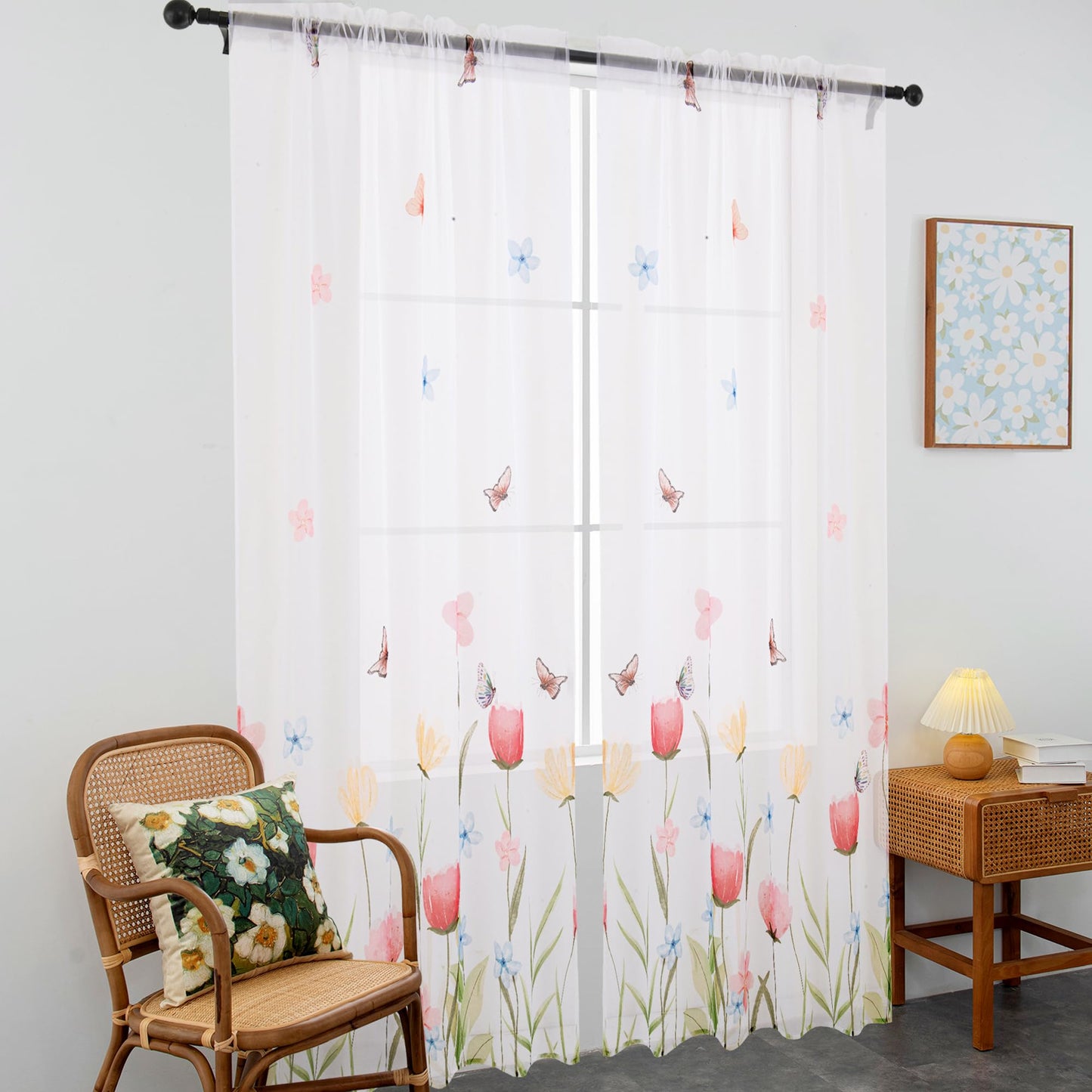 youleyar Floral Sheer Curtains for Living Room 63 Inches Long 2 Panels White Semi-Sheer Curtain with Flower/Butterfly Printed Pattern Summer/Spring Rod Pocket Voile Drapes for Bedroom, W52 x L63