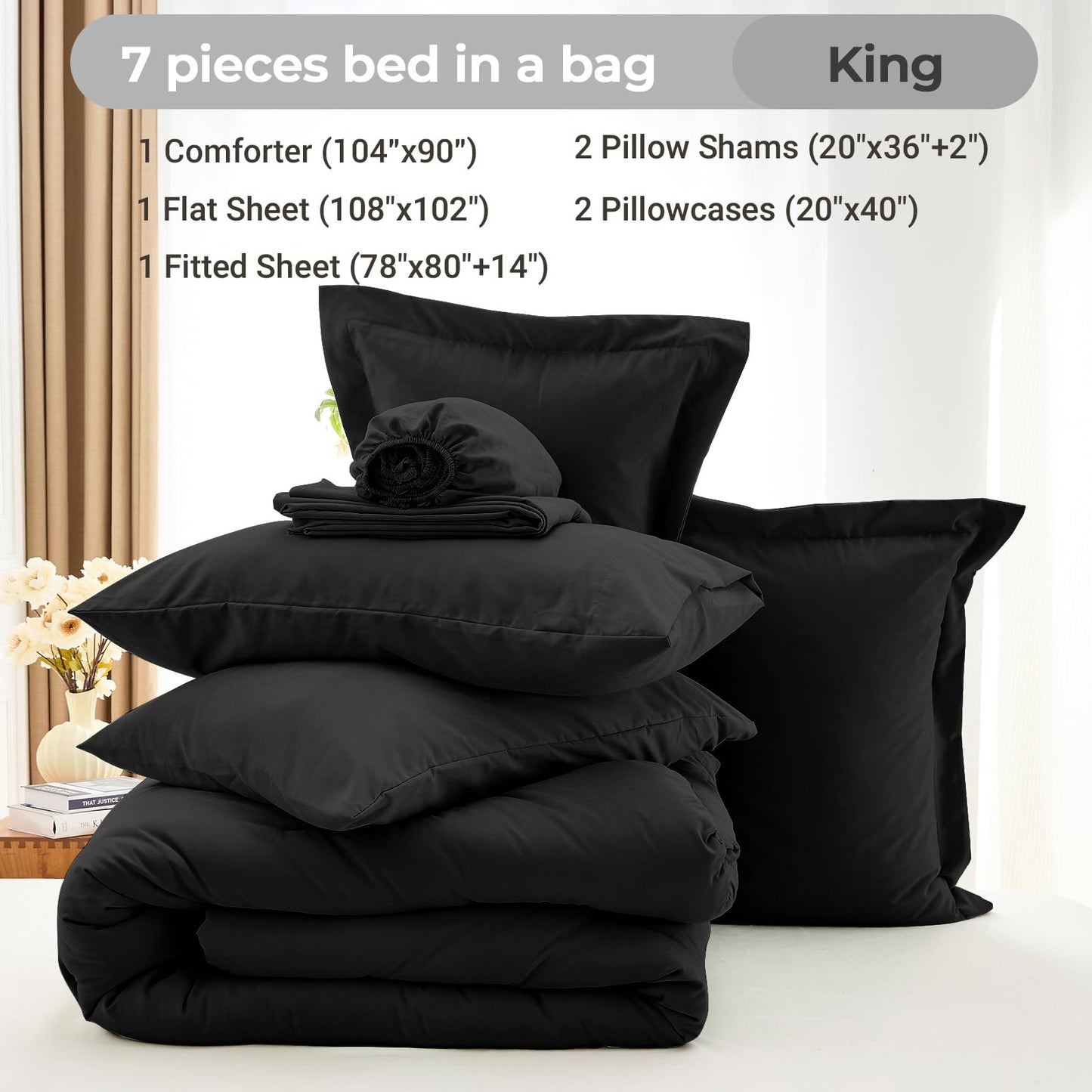 MUXHOMO 7 Pieces King Comforter Set, Soft Bed in a Bag King Size, All Season Bedding Set with Comforter, Flat Sheet, Fitted Sheet, Pillowcases & Shams, Black