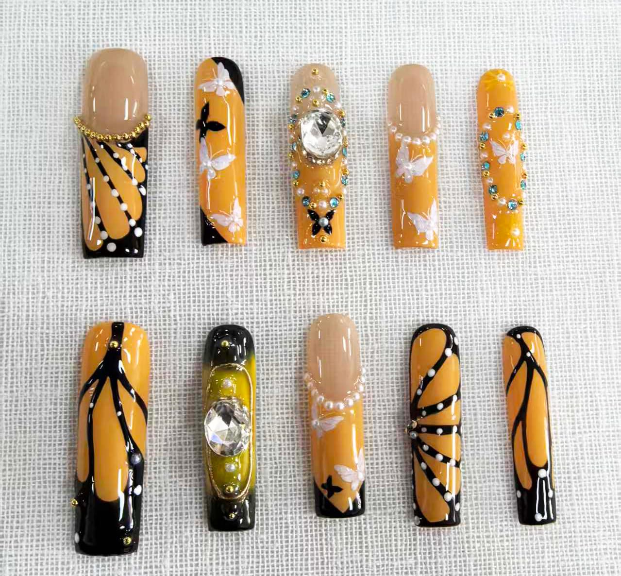 Handmade Press on Nails Long Square Fake Nails French Tip Yellow with 3D Butterfly Designs luxury Glossy Rhinestones Cute Acrylic Nails for Women 10pcs (Size M）