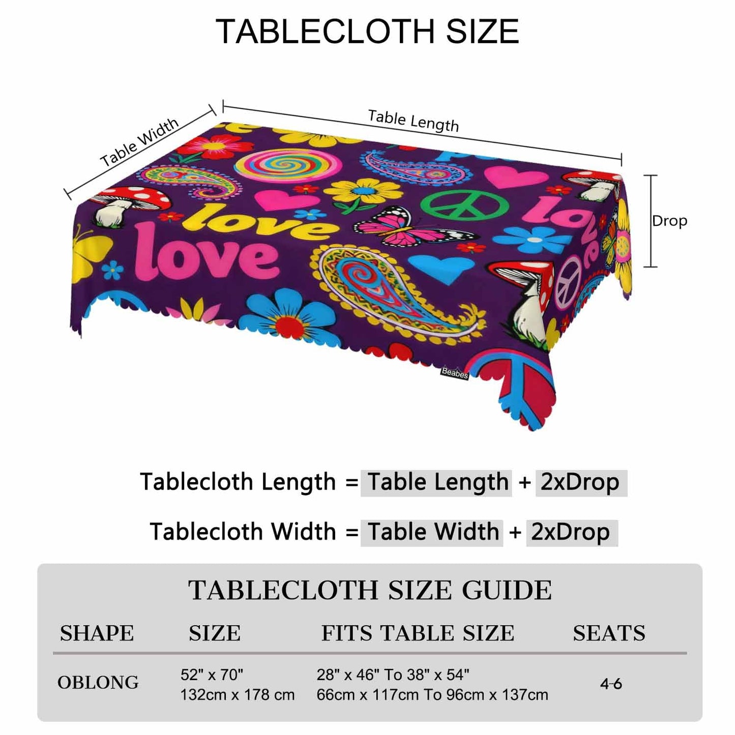 Beabes Peace Symbol Table Covers Hippie Peace Paisley Floral Colorful Heavy Weight Tablecloth Picnic Table Cloth for Kitchen Dinning Tabletop Outdoor BBQ Buffet Rectangle 52x70 Inch